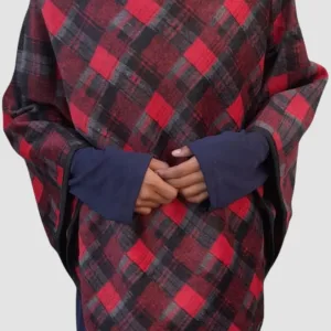 Checkered Faux Fur Collar Poncho